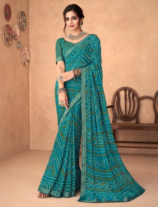 Rama blue bandhani printed saree