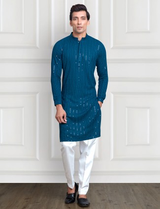 Rama blue rayon cotton kurta suit for festive