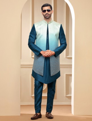 Raw silk rama blue shaded indowestern