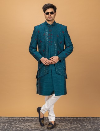 Rama blue wedding indowestern for men in silk
