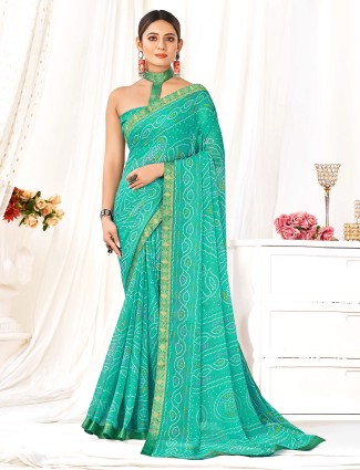 Rama green chiffon bandhani printed saree