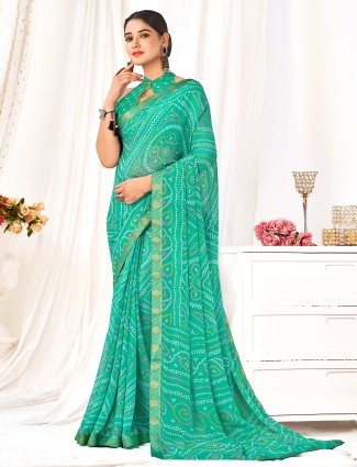 Rama green bandhani printed chiffon saree