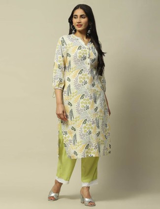 RANGRITI white printed a-line kurti