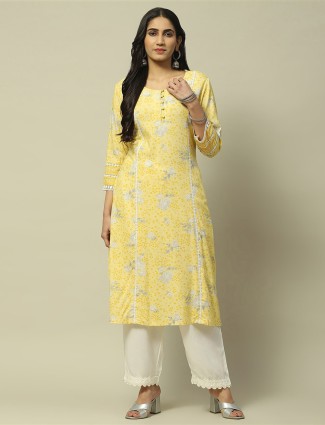 RANGRITI yellow printed rayon cotton kurti