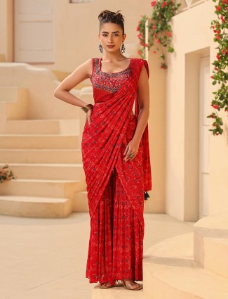 Printed rani sharara suit with attached drape