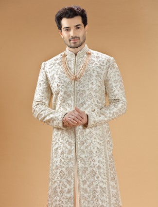 Cream raw silk groom stunning sherwani