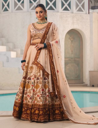 Raw silk printed cream lehenga choli