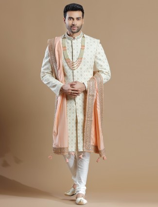 Cream premium raw silk sherwani for groom