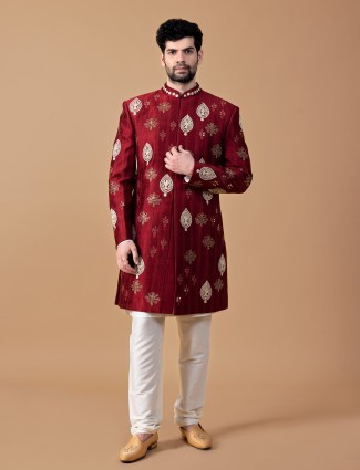 Maroon raw silk indowestern