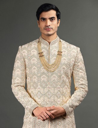 Raw silk peach and beige sherwani