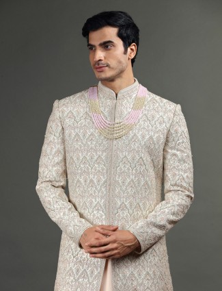 Raw silk peach and cream sherwani