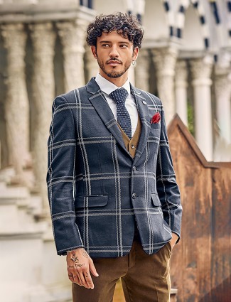 Charcoal Grey Checks Terry Rayon Coat Suit