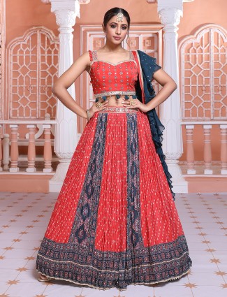 Red and blue printed silk lehenga choli