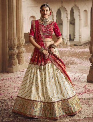 Red and cream silk lehenga choli