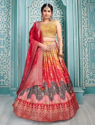 Printed red and mustard yellow lehenga choli