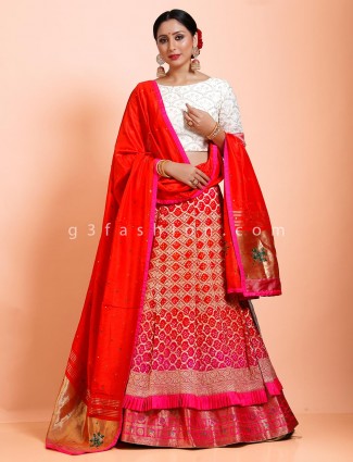 Designer half n half bandhej lehenga choli in red and white