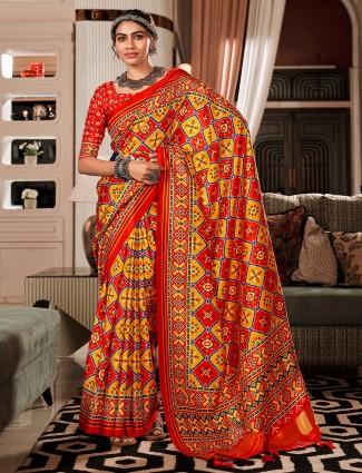 Red and yellow printed tusser silk saree