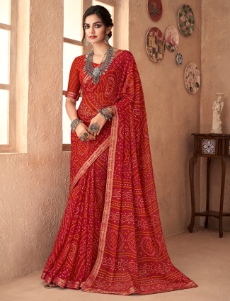 Red chiffon bandhani printed saree