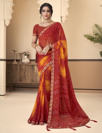 Red chiffon bandhej look saree