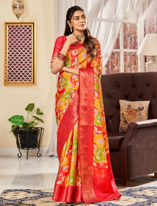 Satin digital printed saree in red