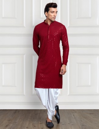 Red rayon cotton kurta with peshawari dhoti