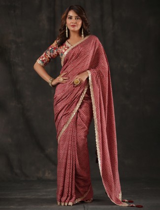 Red modal silk saree with zig zag pattern