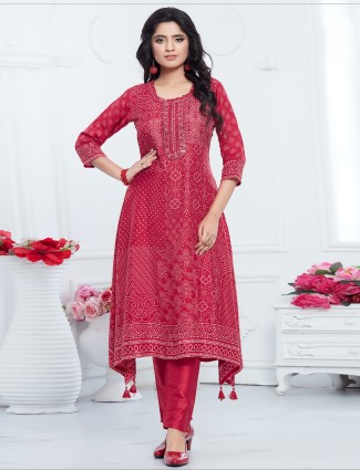 Red russian silk printed a-line kurti