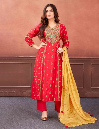 Red silk salwar suit with contrast dupatta