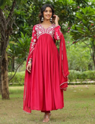 Trendy red silk kurti set with dupatta