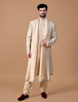 Rich beige raw silk sherwani