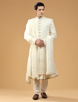 Cream chic Georgette Wedding Sherwani