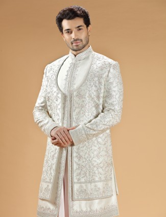 Cream raw silk groom premium sherwani