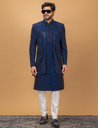 Royal blue silk wedding indowestern