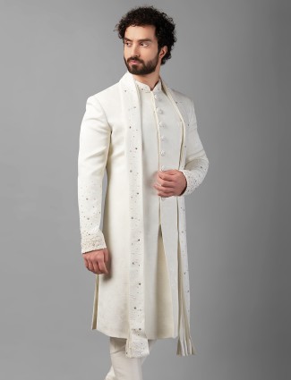 Classic white silk sherwani