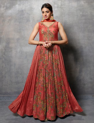 Rust orange printed silk anarkali suit