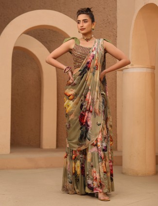 Sage green printed ready to wear saree