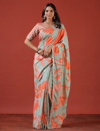 Muslin printed sage green saree for festive