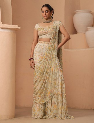 Sage green printed sharara suit with attached drape