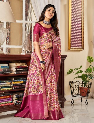 Magenta digital printed saree in satin