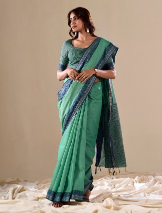 Cotton plain sea green saree