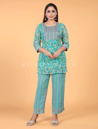 Stylish sea green floral print rayon cotton co ord set