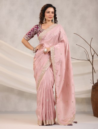 Wedding look pink saree in silk