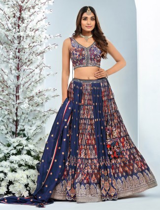 Silk printed navy lehenga choli