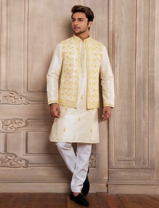 Cream Hue Silk Wedding Wear Waistcoat Set