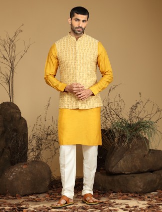 Dark yellow color silk waistcoat set