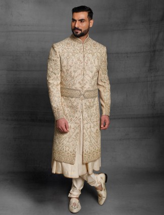 Beige Silk Wedding look Sherwani for Men