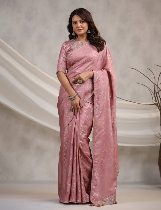 Foil printed silk mauve pink saree