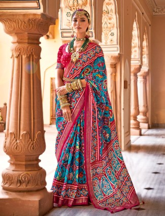 Aqua silk saree with contrast border