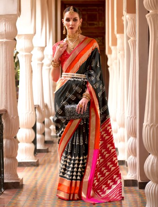 Patola printed silk saree in black