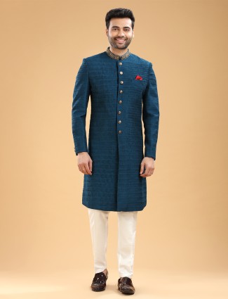 Silk Teal Blue Indowestern